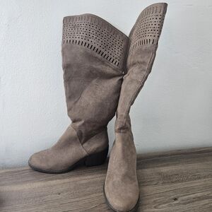 David Aaron Women's Taupe Suede‎ Laser Cut Block Heel Tall Boots Size 8